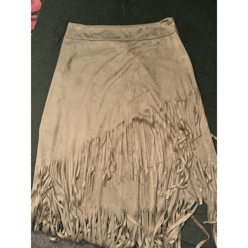 NWT Joseph Ribkoff Women’s Tan Fringed Asymmetrical Hem Pull On Long Skirt 16